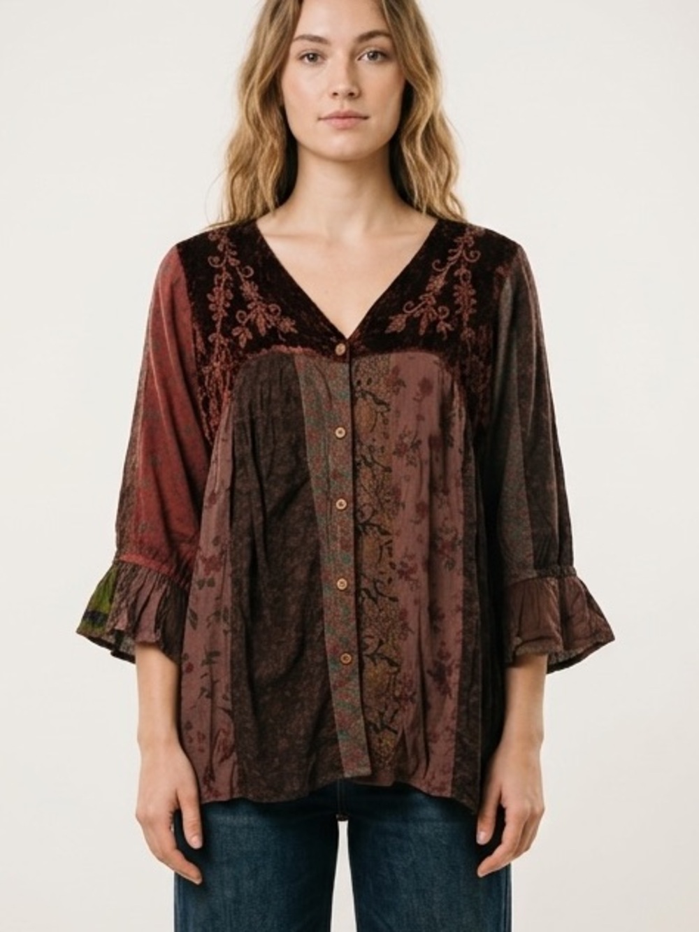 Chestnut Velvet Embroidered Patchwork Top - Picture 1 of 3